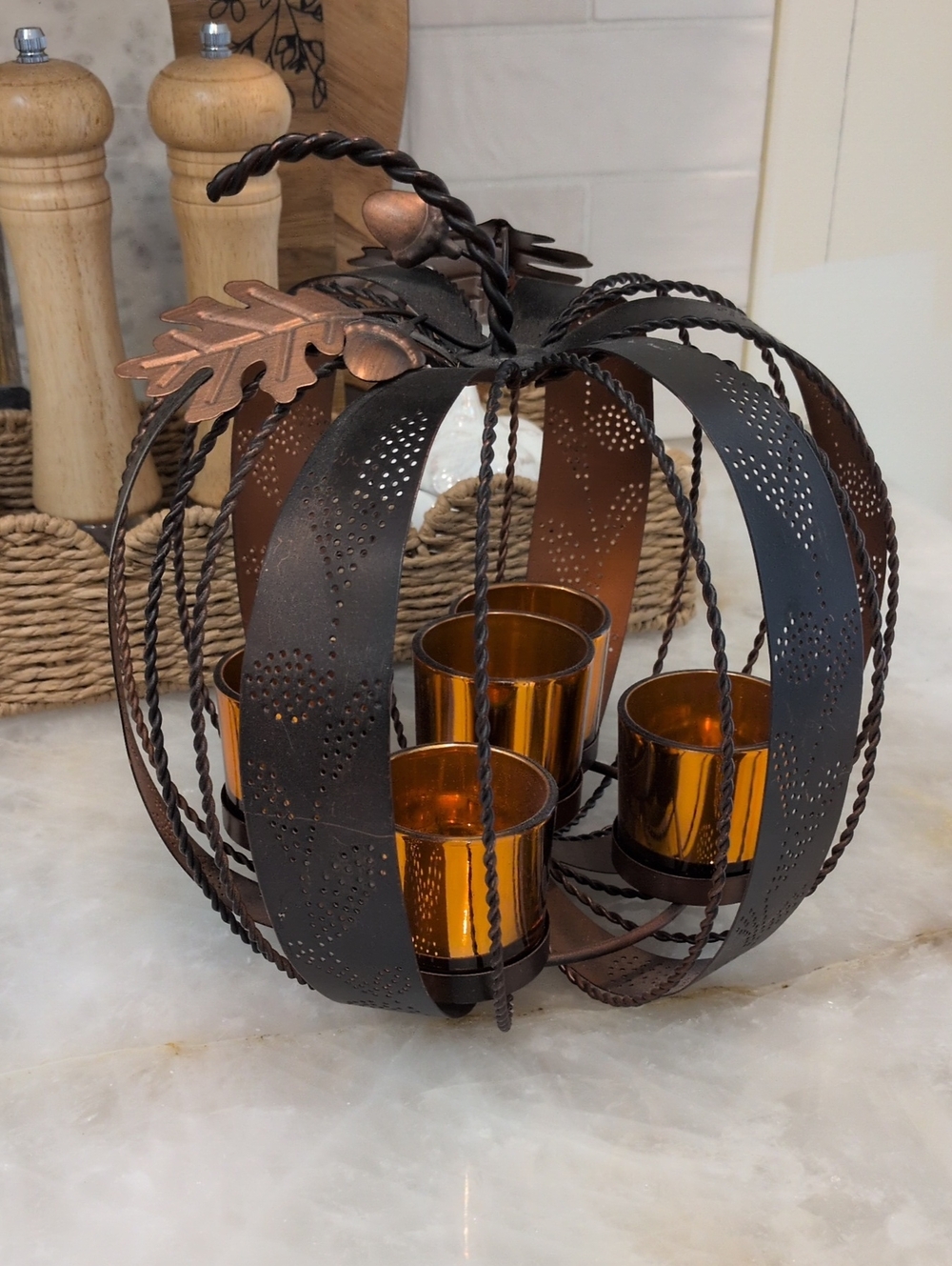 Metal Pumpkin Votive Candle Holder in Bronze and Copper